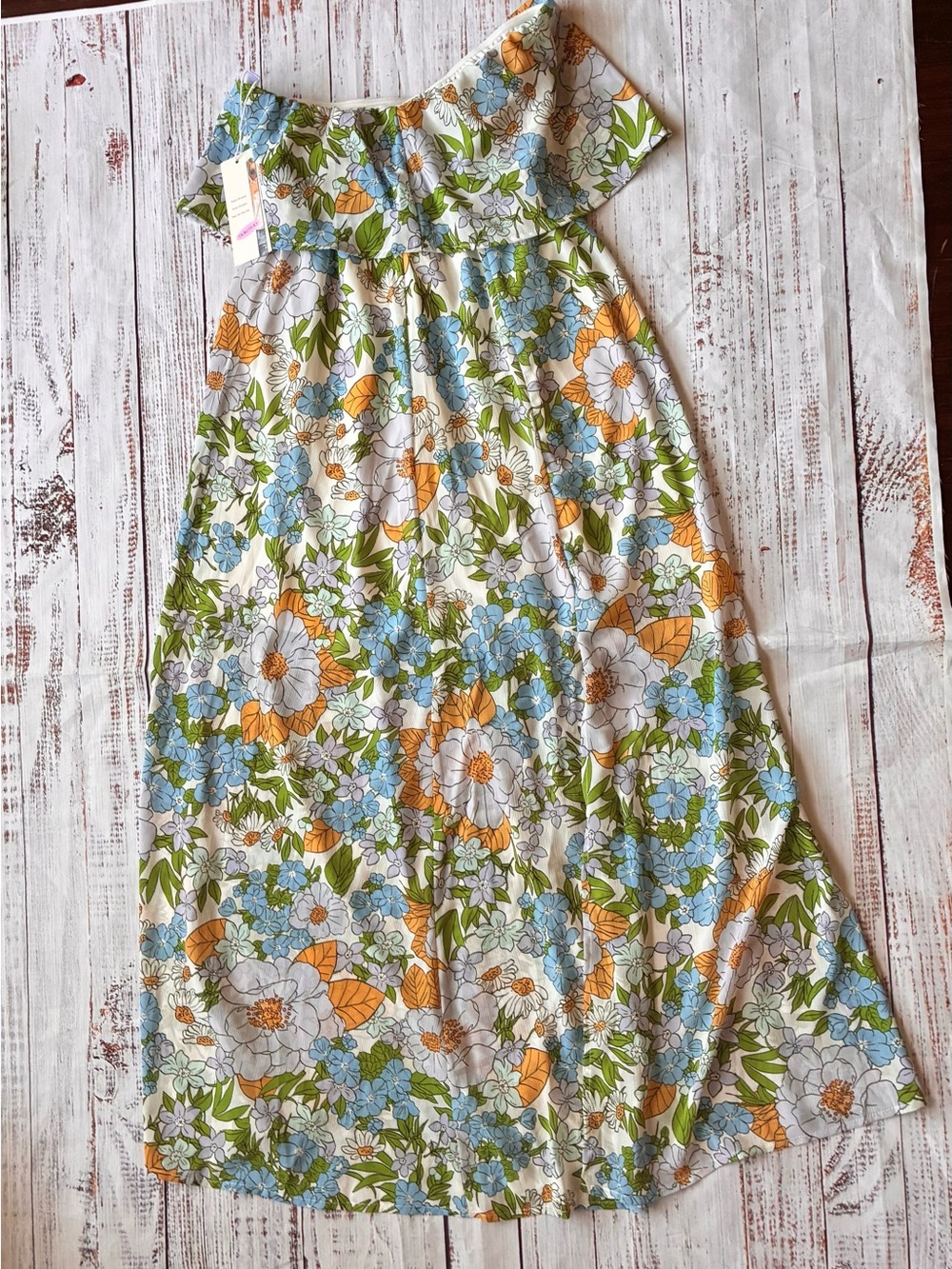 Floral Off-Shoulder Cottagecore Dress - Blue, Green & Orange